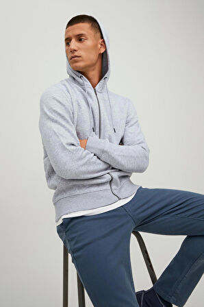 Jack & Jones Erkek Jjestar Çift Cepli Fermuar Kapamalı Kapüşonlu Sweatshirt 12210830 Açık Gri